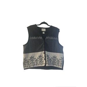 Tantrums Plus Wool Vest L Embroidered Silver Floral Black Gray Vtg Boho Whimsy